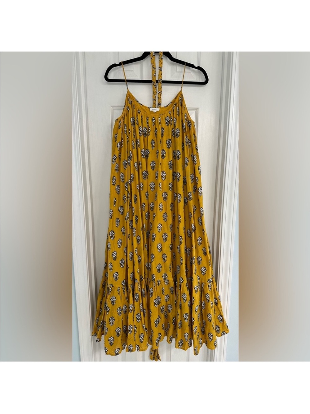 RHODE Mustard Floral Maxi Dress with Spaghetti Straps